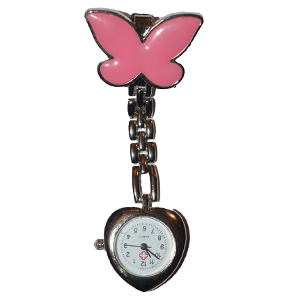 Montre d'infirmière; papillon forme de coeur; Rose