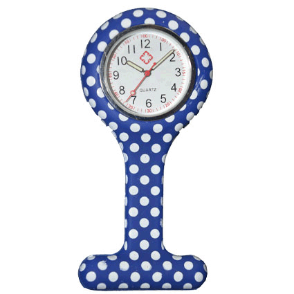 Montre d'infirmière en silicone ; Bleu avec points blanc