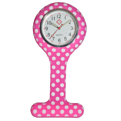 Montre d'infirmière en silicone ; Rose avec poits blanc