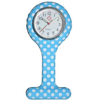 Montre d'infirmière en silicone ; Bleu Cl. avec points blanc