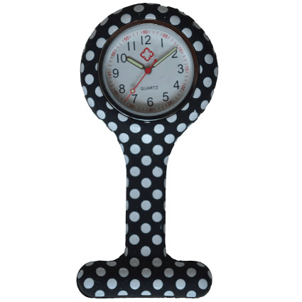 Montre d'infirmière en silicone ; Noir avec points blanc