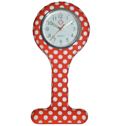 Montre d'infirmière en silicone ; Rouge avec points blanc