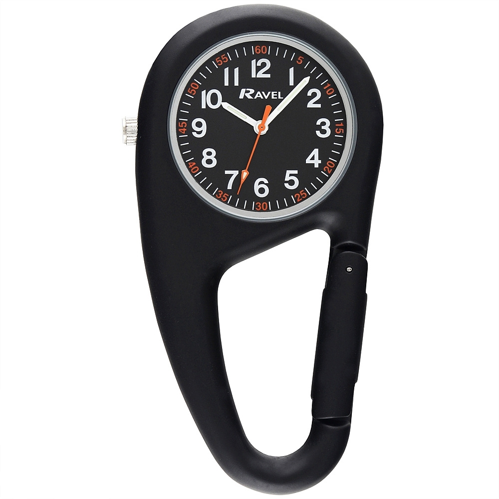 verpleegkundige horloge met karabijnhaak van Ravel ; Zwart met zilveren rand